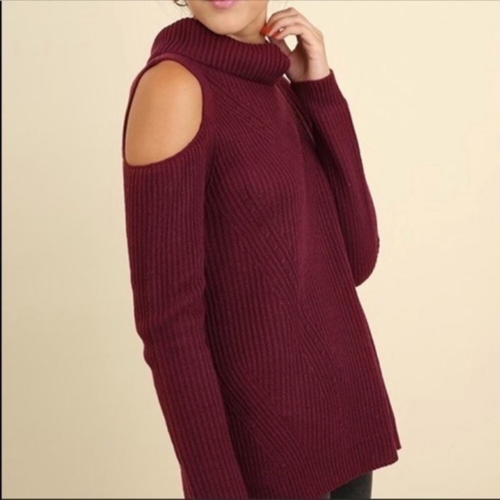 Cold shoulder turtle neck knit sweater